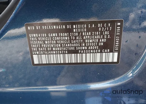 2017 Volkswagen Jetta 1.4T S из США, поврежденный, VIN 3VW2B7AJ4HM326716